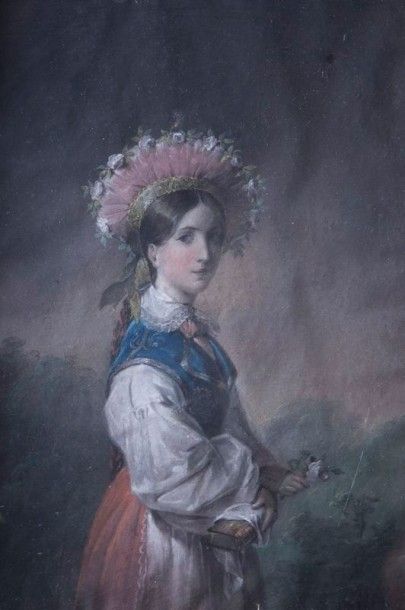 ECOLE FRANCAISE DU XIXème siècle Portrait de jeune fille en robe blanche tenant un...