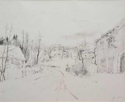 GANTNER Bernard (Né en 1928) 
Route et maisons sous la neige
Crayon noir, signé en...