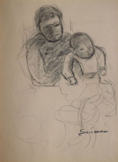 GUILLAUMIN Armand (1841-1927) 
Femme et enfant
Crayon noir et estompe, cachet de...