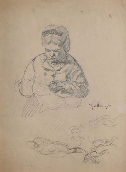 GUILLAUMIN Armand (1841-1927) 
Couseuse et figures, 1870
Crayon noir (traces de plis,...