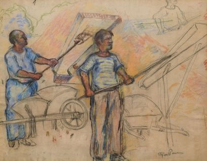 GUILLAUMIN Armand (1841-1927) 
Cribleurs de sable
Crayon noir et pastel (salissures...