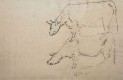 GUILLAUMIN Armand (1841-1927) 
Vache
Feuille d'étude au fusain sur papier beige (salissures...