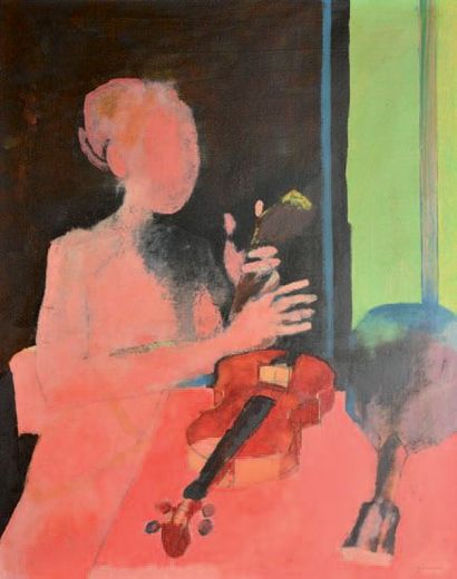 GUIRAMAND PAUL (1926-2007) 
Musicienne rose
Huile sur toile (craquelures), signée...