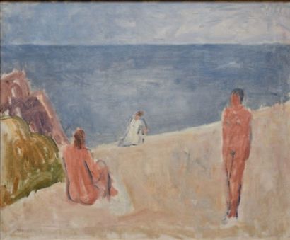 JAIS-NIELSEN Ville (1886-1949) 
Trois figures sur la plage, 1948
Huile sur toile,...