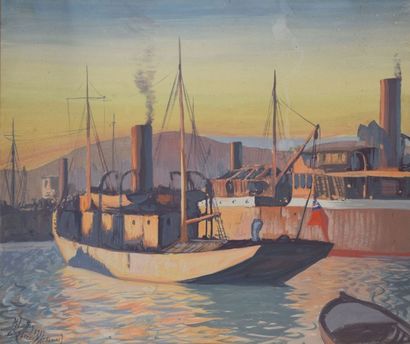 LATTRY Michel (1875-1941) 
Le port du Pirée au crépuscule,
Athènes
Gouache, signée...