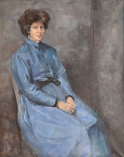 LEGRAND François (né en 1951) 
Femme assise en bleu
Huile sur toile (vernis oxydé),...
