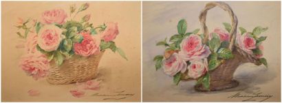 LEMAIRE Madeleine (1845-1928) 
Corbeilles de roses
Deux aquarelles (une avec rousseurs...