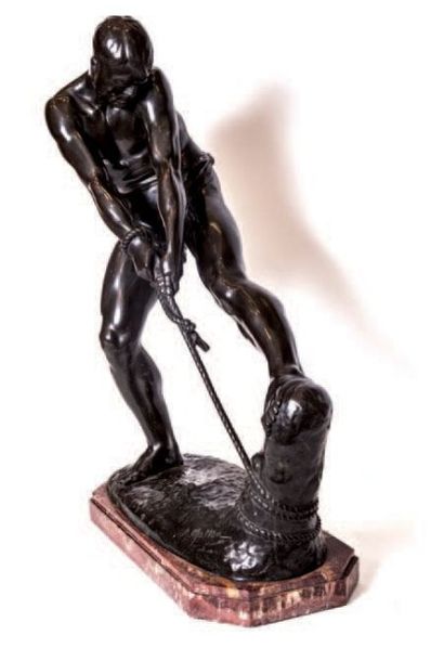 MATTON Arsène (1873-1953) 
Homme tirant sur une corde
Bronze sur socle en marbre...