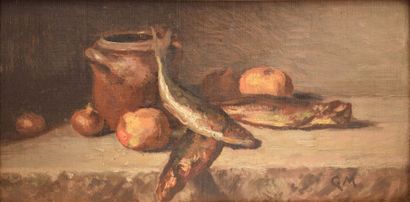 MOHLER Gustave (1836-1920) 
Nature morte aux sardines
Huile sur panneau, monogramme...