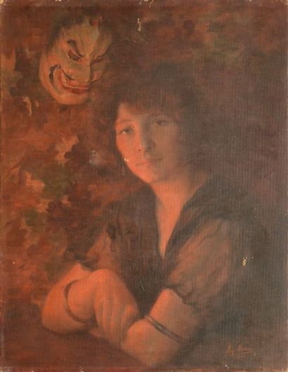 MOREAU Max (1902-1992) 
Jeune femme au masque japonais, 1920
Huile sur toile (petits...