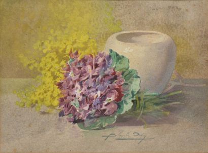 ODIN BLANCHE (1865-1957) 
Violettes et mimosas
Aquarelle gouachée (rousseurs), signée...