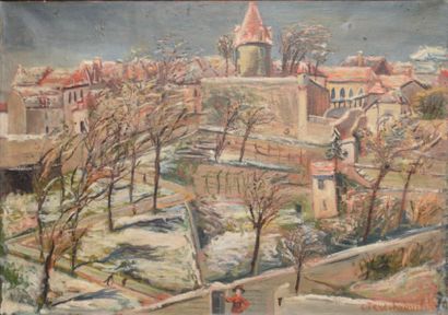 TERECHKOVITCH CONSTANTIN (1902-1978) 
Jardins et toîts rouges sous la neige
Huile...