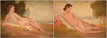 THIELE Ivan (1877-1948) 
Nus devant la mer
Deux huile sur cartons, signés en bas...