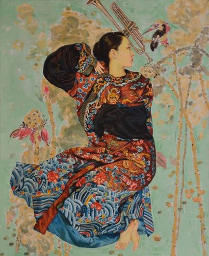 WANG Junying (né en 1970) 
Femme au kimono, 2004-2007
Peinture sur toile, signée...