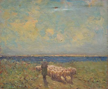 BONAMICI Louis (1878-1966) 
Bergère et son troupeau devant la mer
Huile sur toile...