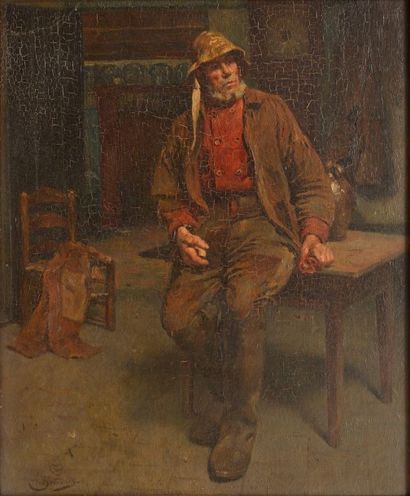 BOUDRY Aloïs (1851-1938) 
Pêcheur à la pipe
Huile sur panneau (craquelures), signé...