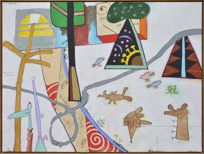 BRADLEY Martin (né en 1931) 
Birds + insects on the lawn, 1989
Peinture sur toile,...