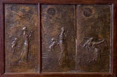 CHERET Joseph (1838-1894) 
Idylle nocturne
Triptique en bronze formé de trois plaques...