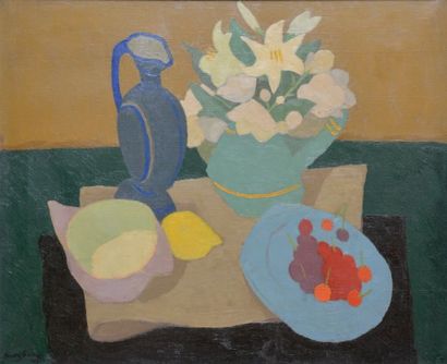 CLEMENT-SERVEAU (1886-1972) 
Fleurs, fruits et pichet, 1948
Huile sur toile, signée...