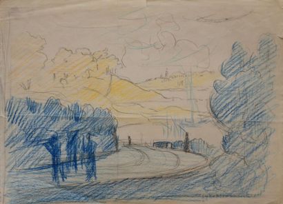 CROSS HENRI EDMOND (1856-1910) 
Paysage au chemin tournant
Dessin aux crayons de...