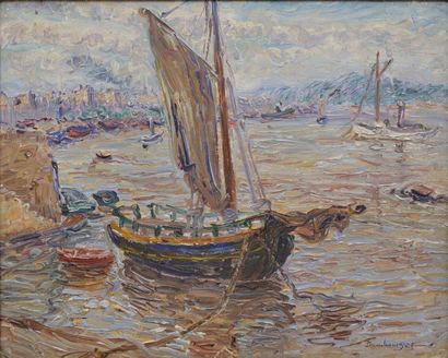 DAMBOURGEZ Edouard Jean (1844-1931) 
Voilier amarré au port, Bordeaux
Huile sur panneau,...