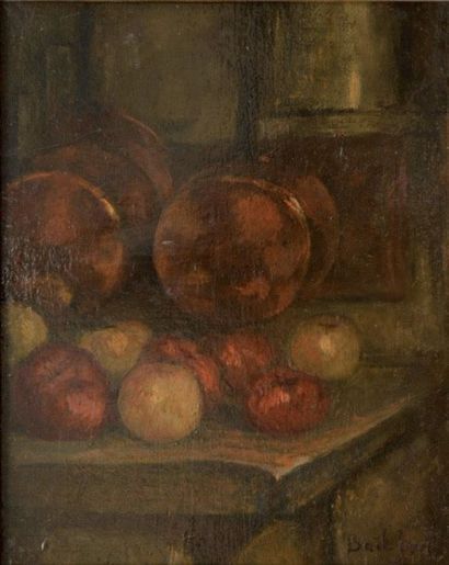 BAIL Joseph (1862-1921) 
Cuivres et pommes
Huile sur toile rentoilée (restaurations,...
