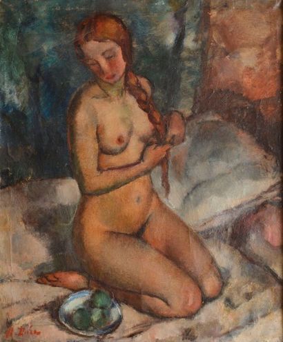 DUDA Miron (1893-1950) 
Femme faisant sa natte
Huile sur toile (traces de plis, craquelures...