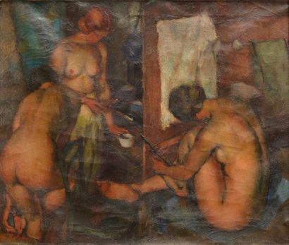 DUDA Miron (1893-1950) 
Femmes à leur toilette
Huile sur toile (traces plis, usures...