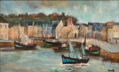 ESCUDIÉ Roger (1920-1990) 
Honfleur, le vieux port
Huile sur toile, signée en bas...