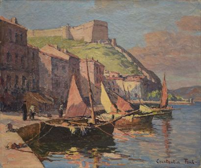 FONT Constantin (1890-1954) 
Port méditerranéen et fort
Huile sur toile (craquelures...