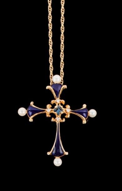 null Croix pendentif et chaîne de cou en or jaune (750) la première émaillée bleue,...