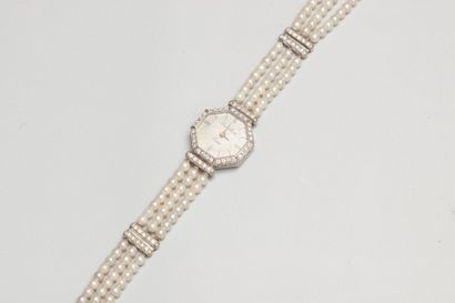 null Montre bracelet de dame à quartz en or gris 18 ct (750) à boîtier octogonal,...