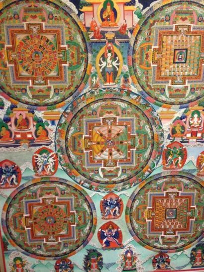 null Grand Thangka en polychromie sur textile représentant au centre le mandala de...