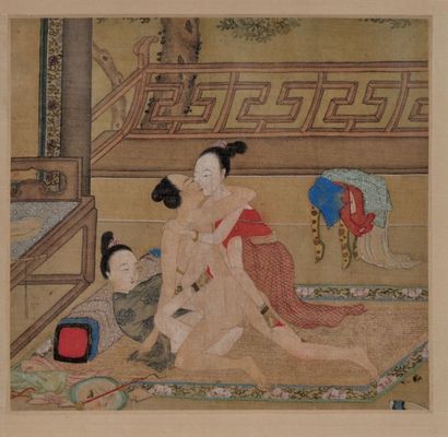 null Album de douze peintures en polychromie sur soie, à thème érotique 
Chine, début-milieu...