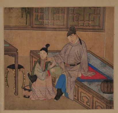 null Album de douze peintures en polychromie sur soie, à thème érotique 
Chine, début-milieu...