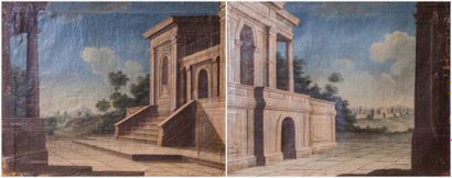 ECOLE FRANCAISE dernier tiers du XVIIe siècle 
1 - Elément de palais dans un paysage....