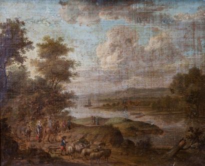 ECOLE FLAMANDE Fin du XVIIe - début du XVIIIe siècle 
Paysage à la rivière avec cavalier,...