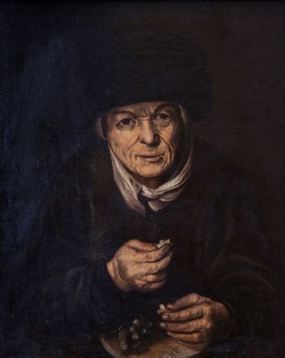 Ecole Italienne du XVIIIe siècle 
Portrait en buste de femme âgée mangeant des fèves...