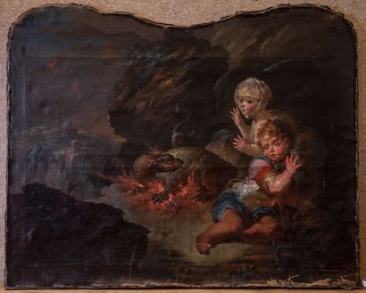 ECOLE FLAMANDE du XVIIIe siècle 
Deux enfants effrayés par une salamandre sortant...