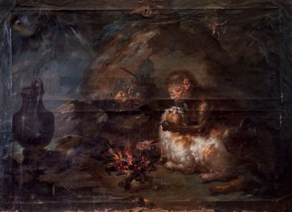 ECOLE FLAMANDE du XVIIIe siècle 
Singes épuçant un chat près d'un feu 
Huile sur...
