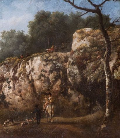 Ecole Française dernier quart du XVIIIe siècle 
Paysage aux rochers avec une cavalière...