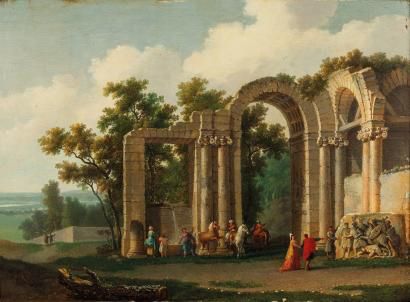 GENILLION Jean-Baptiste (1750-1829) (attribué à) 
Visiteur dans les ruines antiques...