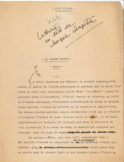 Paul VIALAR Tapuscrit corrigé, La Grande Meute (1943); 402 pages in-4, en feuilles....