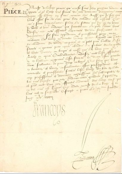 null FRANÇOIS Ier (1494-1547). L.S., Paris 12 juin 1534, à M. de La Roche-Beaucourt,...