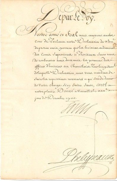null LOUIS XIV. L.S. (secrétaire), Versailles 22 décembre 1700, au procureur général...
