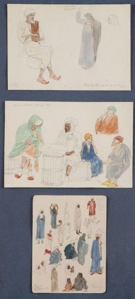CHARDIN Paul (1833-1918) 
Sujets orientalistes 3 dessins crayons et aquarelle avec...