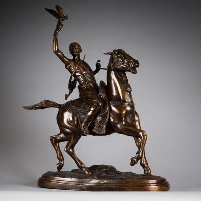 École Orientaliste du XXe siècle Le cavalier fauconnier retirage en bronze à patine...