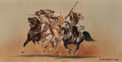 Ecole Orientaliste Cavaliers de Fantasia
Peinture sur deux carreaux de céramique,...