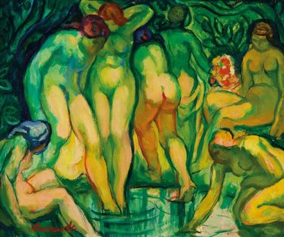 FERRANDO Augustin, 1880-1957 
Baigneuses à la source
Huile sur isorel (petits accidents),...