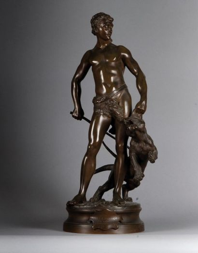 GAUDEZ Adrien, 1845-1902 
Le Belluaire
Groupe en bronze à patine brune (petites griffures),...